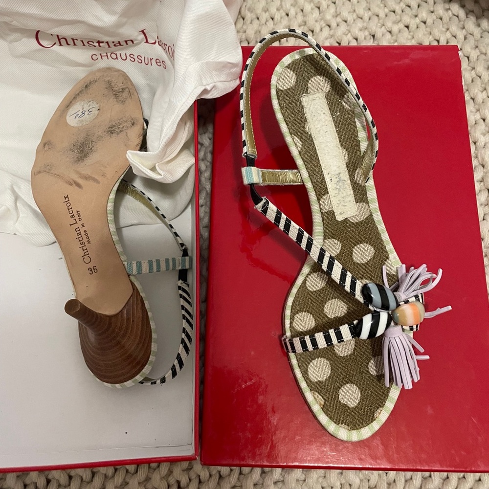 Christian Lacroix Black & White Striped Polka Dot Tassel Sandals - Picture 2 of 3